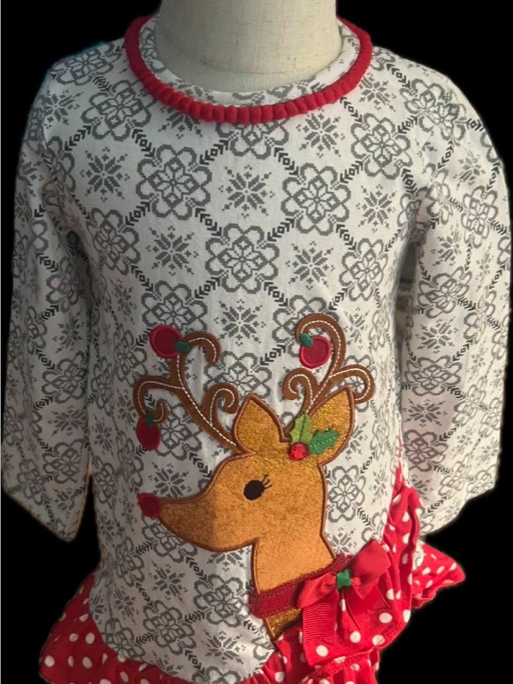 Rare Editions Cream Knit Reindeer Appliqué Top with Red Trim